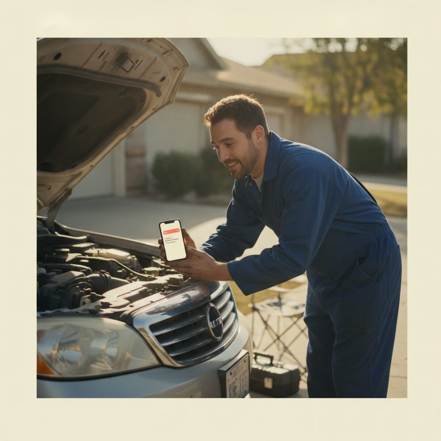 A mobile mechanic in coveralls under a car's open hood, wiping grease from his hands and glancing at his phone screen lighting up with a text notification in a sunlit driveway