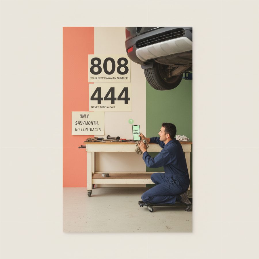 A mechanic in navy coveralls under a car on a lift, wiping his hands on a rag while glancing at a text notification lighting up his phone screen on the workbench