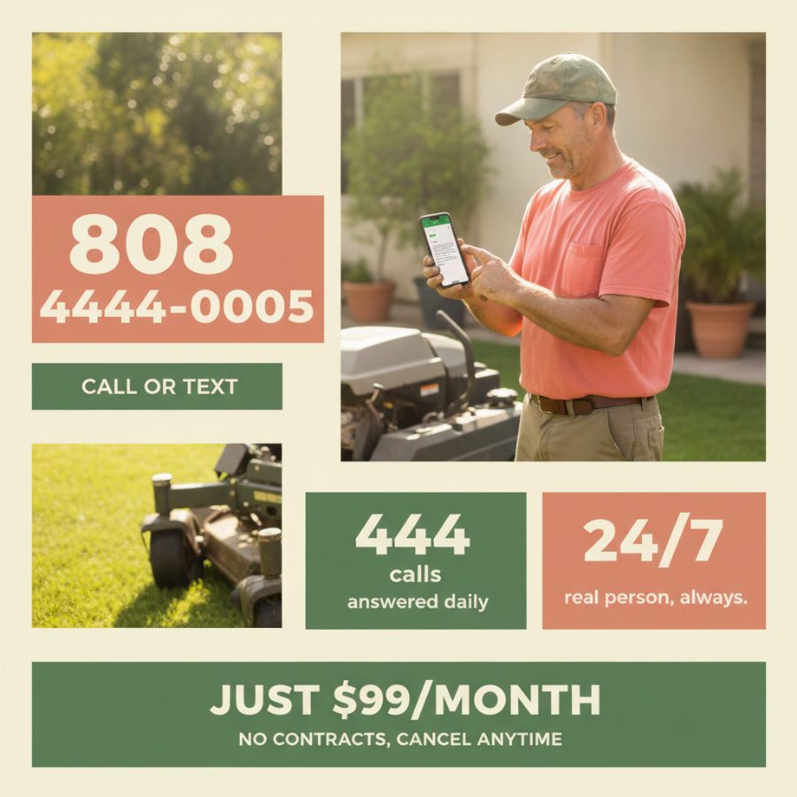 A landscaper in a sweat-stained cap standing beside a mower on a sunny lawn, holding his phone up to check an incoming text message