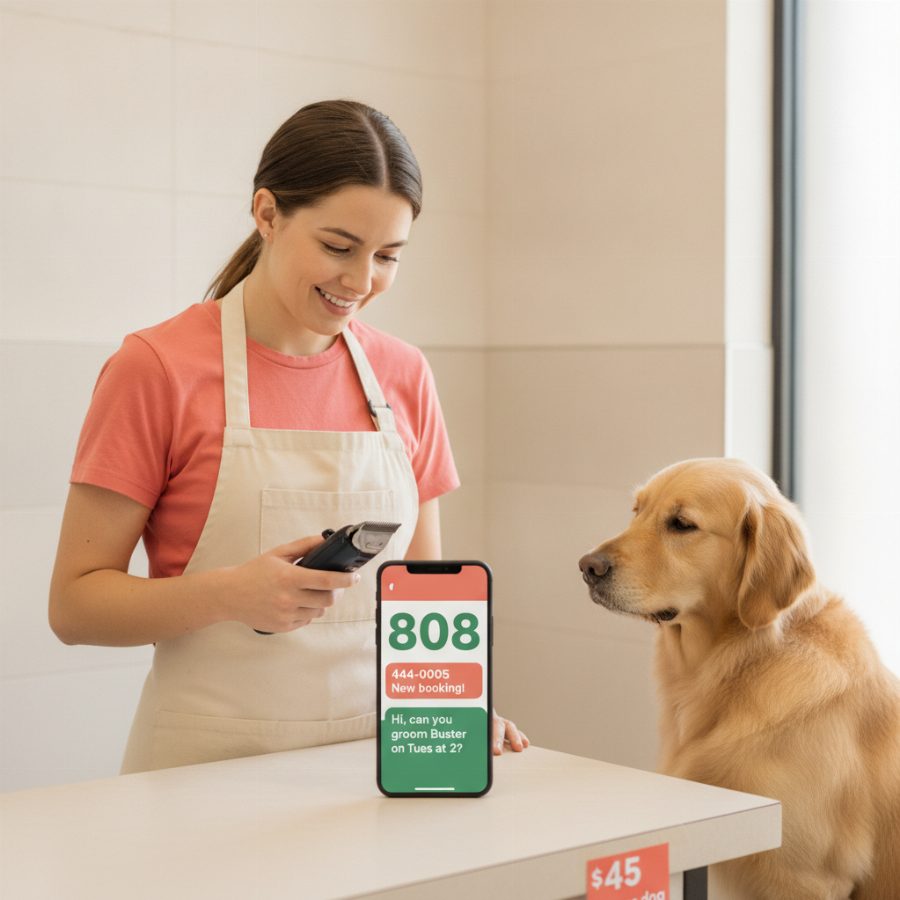 A dog groomer in an apron with clippers in one hand, glancing down at a phone propped on the counter showing a new text message, golden retriever waiting nearby