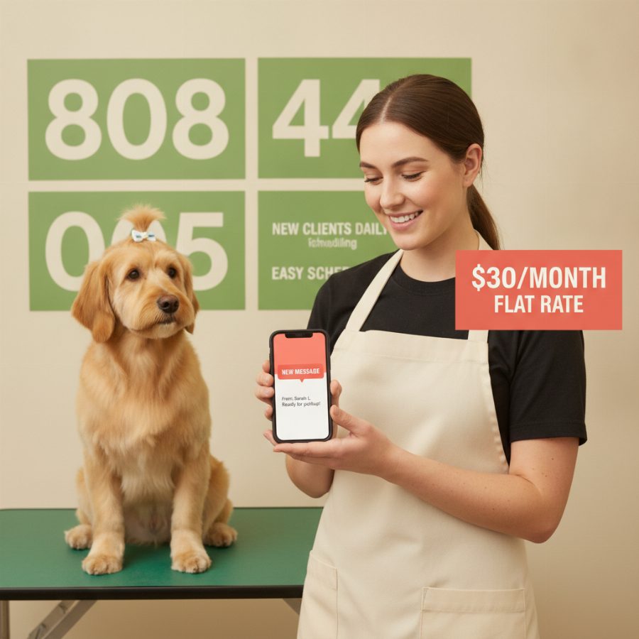 A dog groomer in a work apron glancing down at a text notification on her phone while a client's dog waits on the table behind her