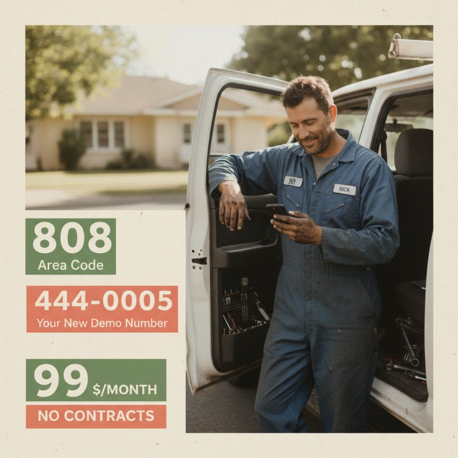 A mobile mechanic in coveralls, hands still greasy, leaning against his truck and glancing down at a text message on his phone in bright afternoon light
