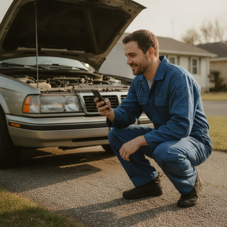 Mobile mechanic in coveralls under a car's open hood, glancing at a text message on his phone in bright afternoon light, driveway setting