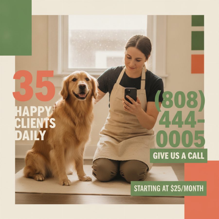 Dog groomer in an apron kneeling beside a golden retriever on a grooming table, checking her phone for a new text notification, natural window light